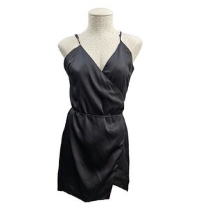 Cotton Candy LA Women's M Black Satin Spaghetti Strap Wrap A Line Mini Dress EUC